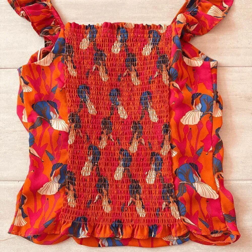 Rose & Olive Bright Tropical Flutter Sleeve Tank Blouse Colorful Bohemian Small - Picture 3 of 7